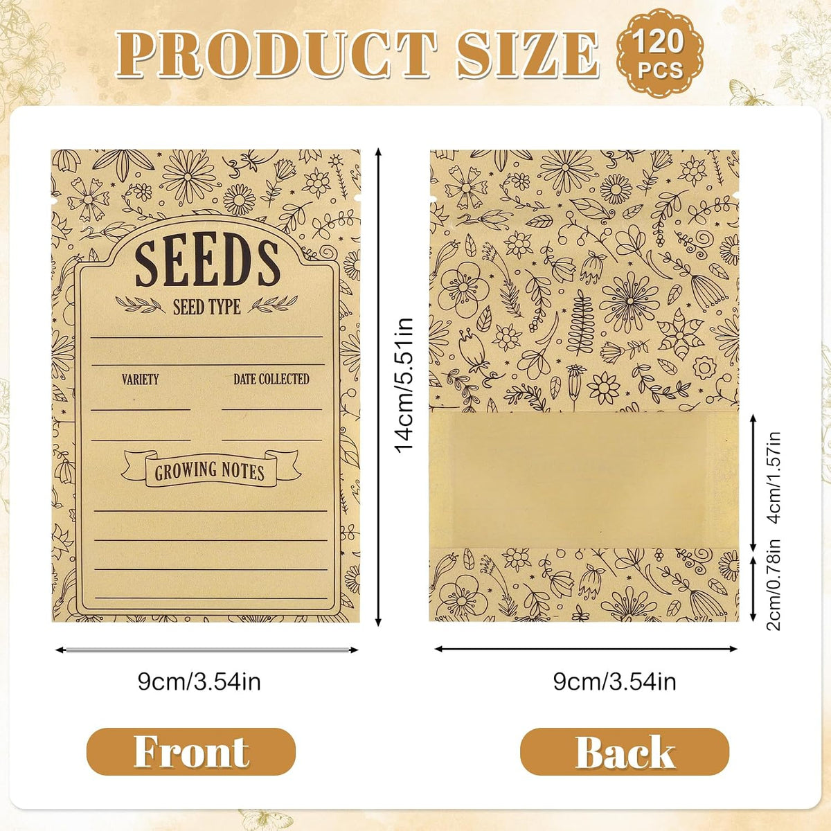 120 Seed Envelopes With Window, Resealable Floral Seed Storage Bags