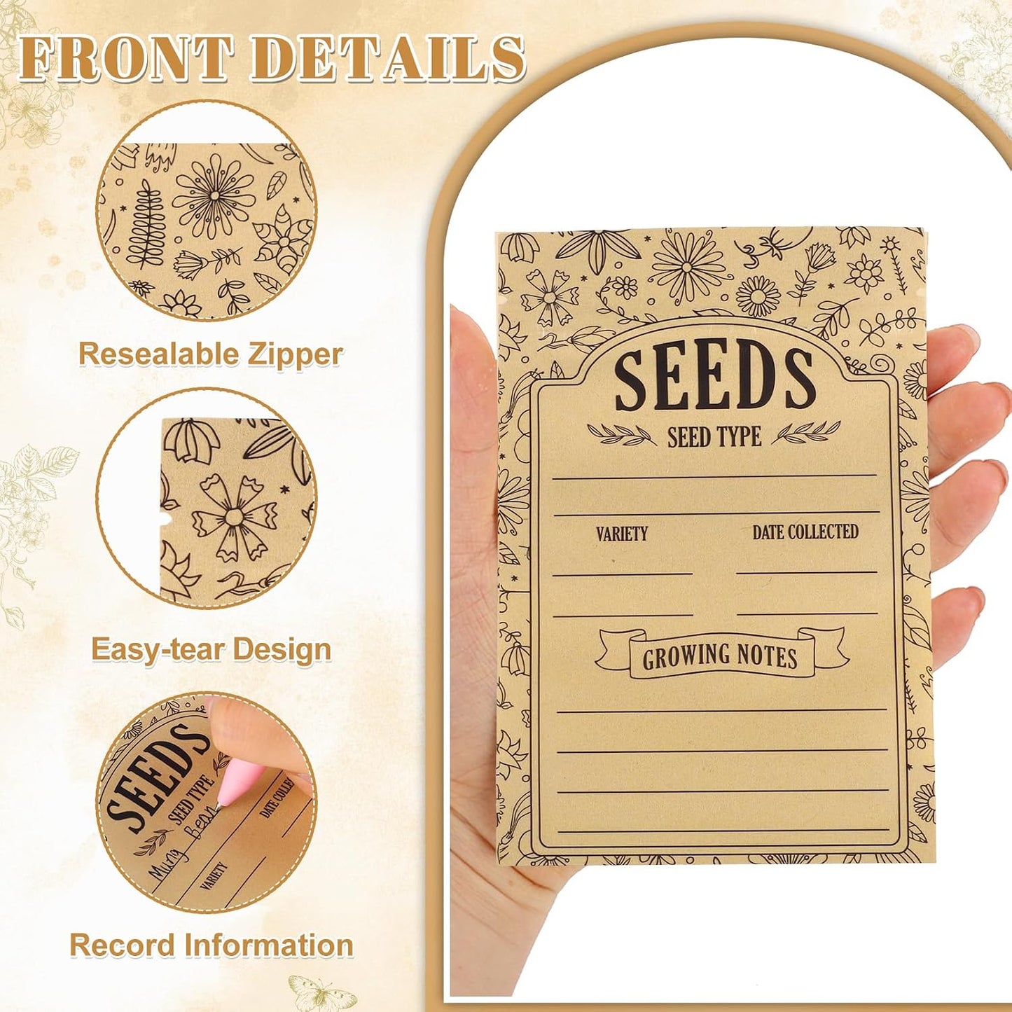 120 Seed Envelopes With Window, Resealable Floral Seed Storage Bags