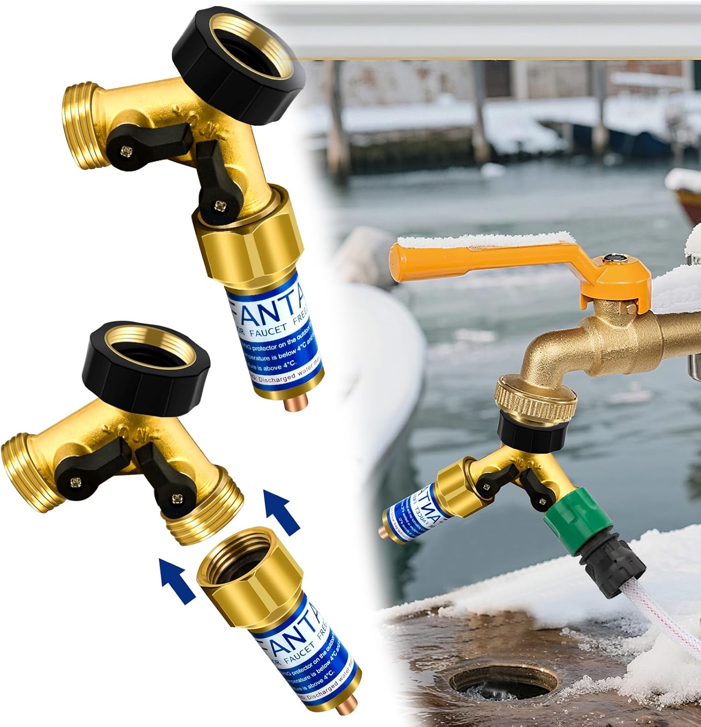 Outdoor Faucet Freeze Protector, Heavy Duty Brass Garden Faucet Freeze Prevention Valve Anti Freeze Winter Faucets Protection Cover with 2Way Hose Splitter for Farm Larm Yard Spigot for 3/4" Thread