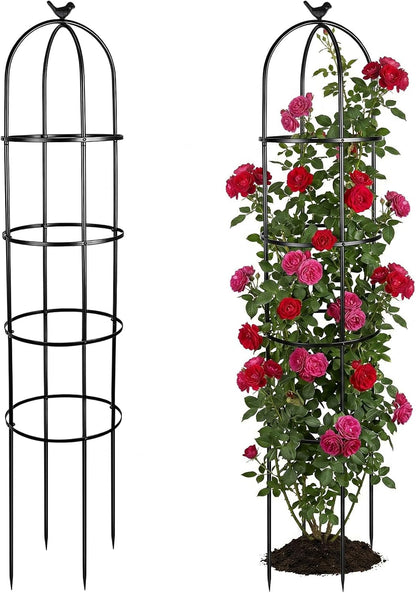 2 Pack 6 Ft Heavy Duty Metal Garden Obelisk Trellis for Climbing Plants, Rust‑Resistant Black Steel Vine Support for Rose Clematis Jasmine, Potted Flower Stand Indoor & Outdoor Decor (Bird)