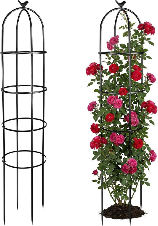 2 Pack 6 Ft Heavy Duty Metal Garden Obelisk Trellis for Climbing Plants, Rust‑Resistant Black Steel Vine Support for Rose Clematis Jasmine, Potted Flower Stand Indoor & Outdoor Decor (Bird)