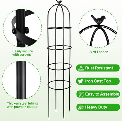 2 Pack 6 Ft Heavy Duty Metal Garden Obelisk Trellis for Climbing Plants, Rust‑Resistant Black Steel Vine Support for Rose Clematis Jasmine, Potted Flower Stand Indoor & Outdoor Decor (Bird)
