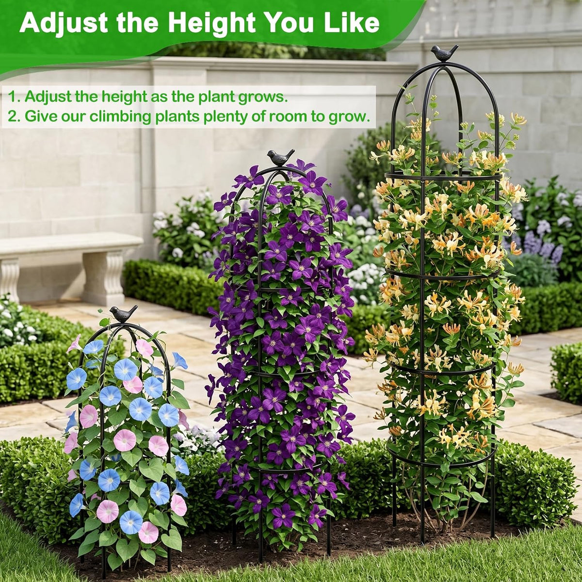 2 Pack 6 Ft Heavy Duty Metal Garden Obelisk Trellis for Climbing Plants, Rust‑Resistant Black Steel Vine Support for Rose Clematis Jasmine, Potted Flower Stand Indoor & Outdoor Decor (Bird)
