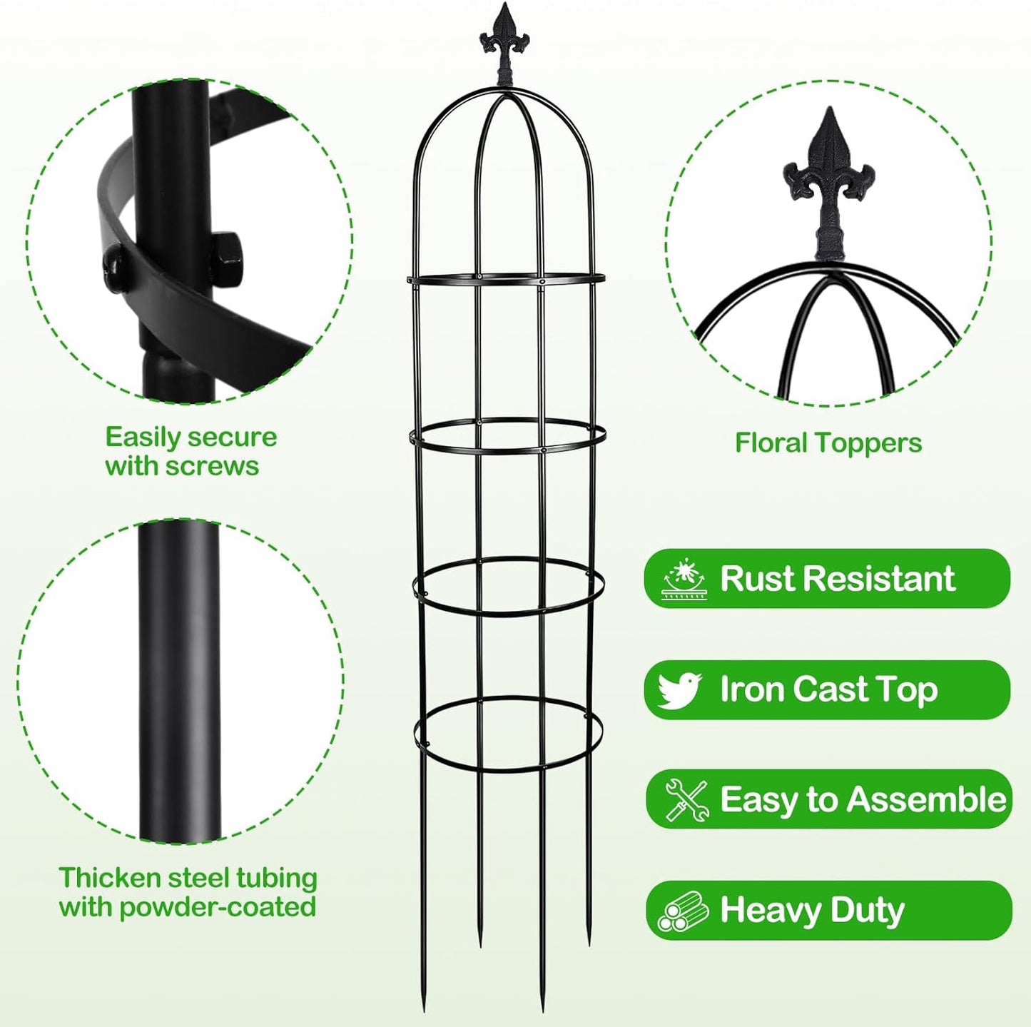 2 Pack 6 Ft Heavy Duty Metal Garden Obelisk Trellis for Climbing Plants, Rust‑Resistant Black Steel Vine Support for Rose Clematis Jasmine, Potted Flower Stand Indoor & Outdoor Decor (Bird)