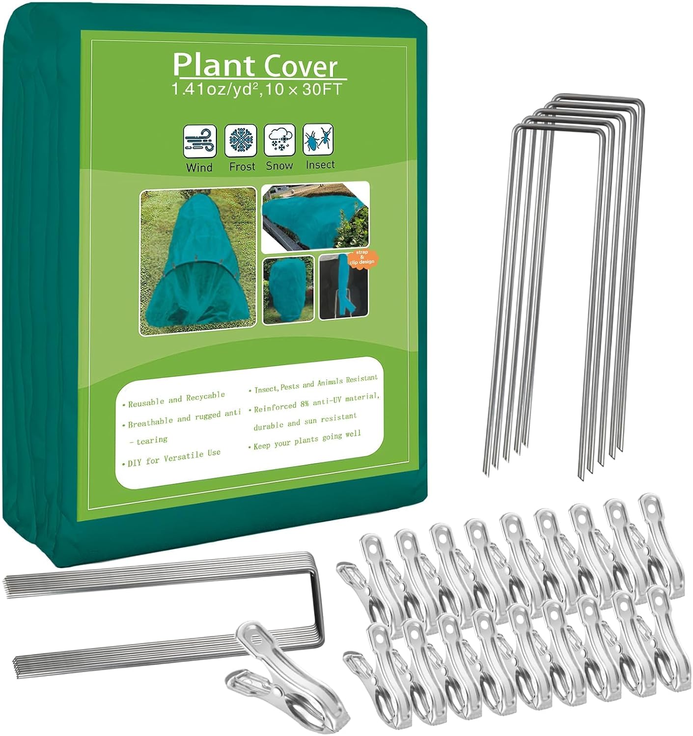 Plant Covers Freeze Protection, 10ft x 30ft 1.41 oz/yd² Frost Cloth Plant Blankets Floating Row Covers with 20 Stainless Steel Clips for Winter Plants Gardens Frost/Sun Pests Protection, Dark Green