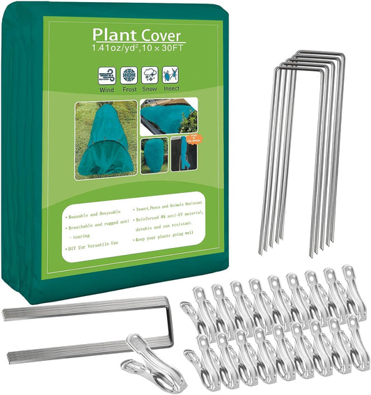 Plant Covers Freeze Protection, 10ft x 30ft 1.41 oz/yd² Frost Cloth Plant Blankets Floating Row Covers with 20 Stainless Steel Clips for Winter Plants Gardens Frost/Sun Pests Protection, Dark Green
