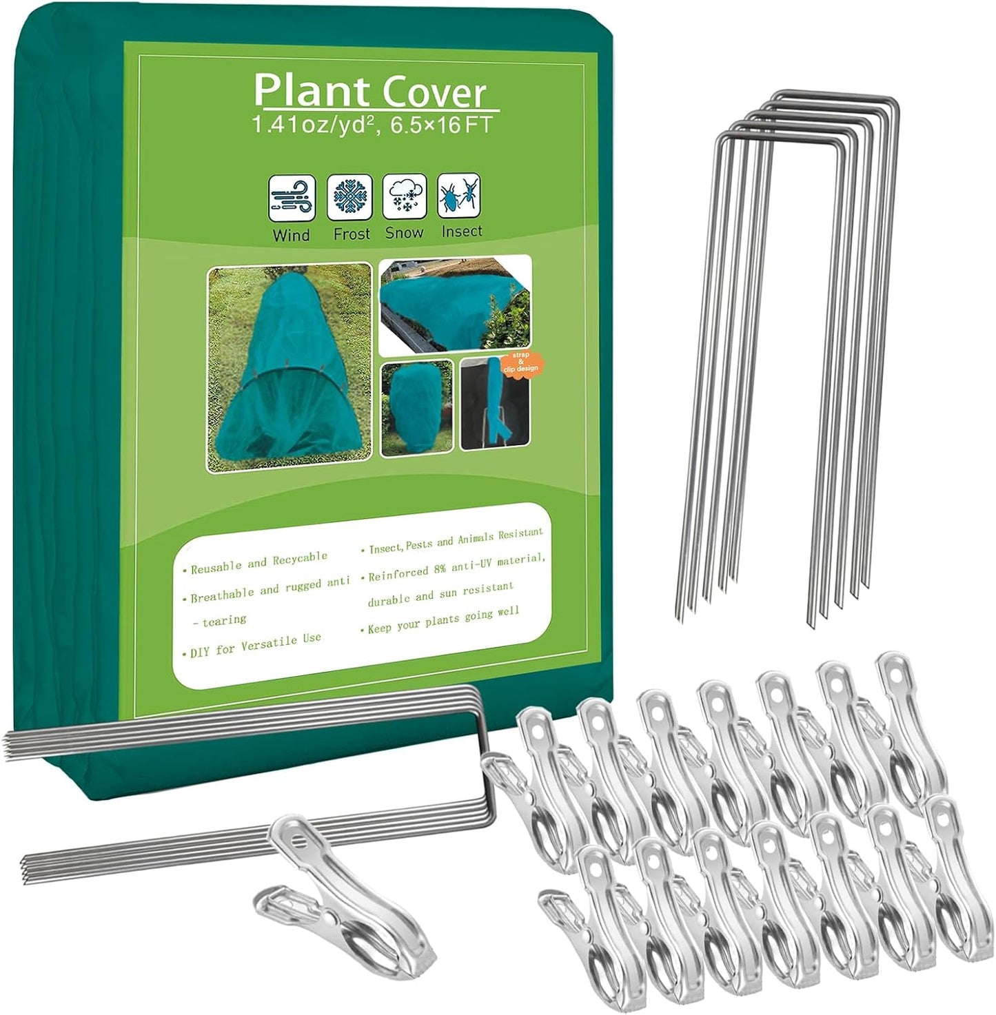 Plant Covers Freeze Protection, 10ft x 30ft 1.41 oz/yd² Frost Cloth Plant Blankets Floating Row Covers with 20 Stainless Steel Clips for Winter Plants Gardens Frost/Sun Pests Protection, Dark Green