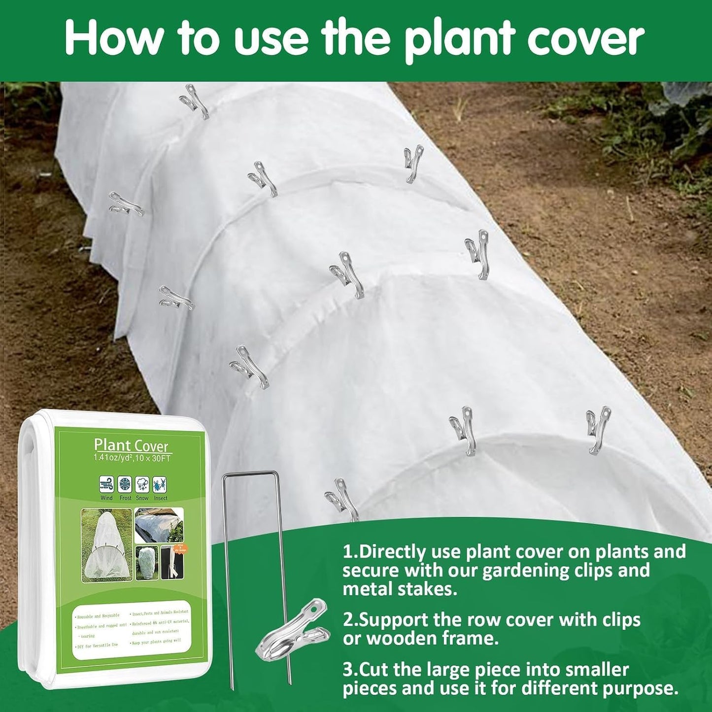 Plant Covers Freeze Protection, 10ft x 30ft 1.41 oz/yd² Frost Cloth Plant Blankets Floating Row Covers with 20 Stainless Steel Clips for Winter Plants Gardens Frost/Sun Pests Protection, Dark Green