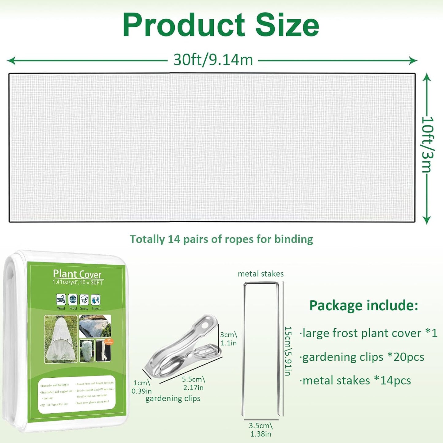 Plant Covers Freeze Protection, 10ft x 30ft 1.41 oz/yd² Frost Cloth Plant Blankets Floating Row Covers with 20 Stainless Steel Clips for Winter Plants Gardens Frost/Sun Pests Protection, Dark Green