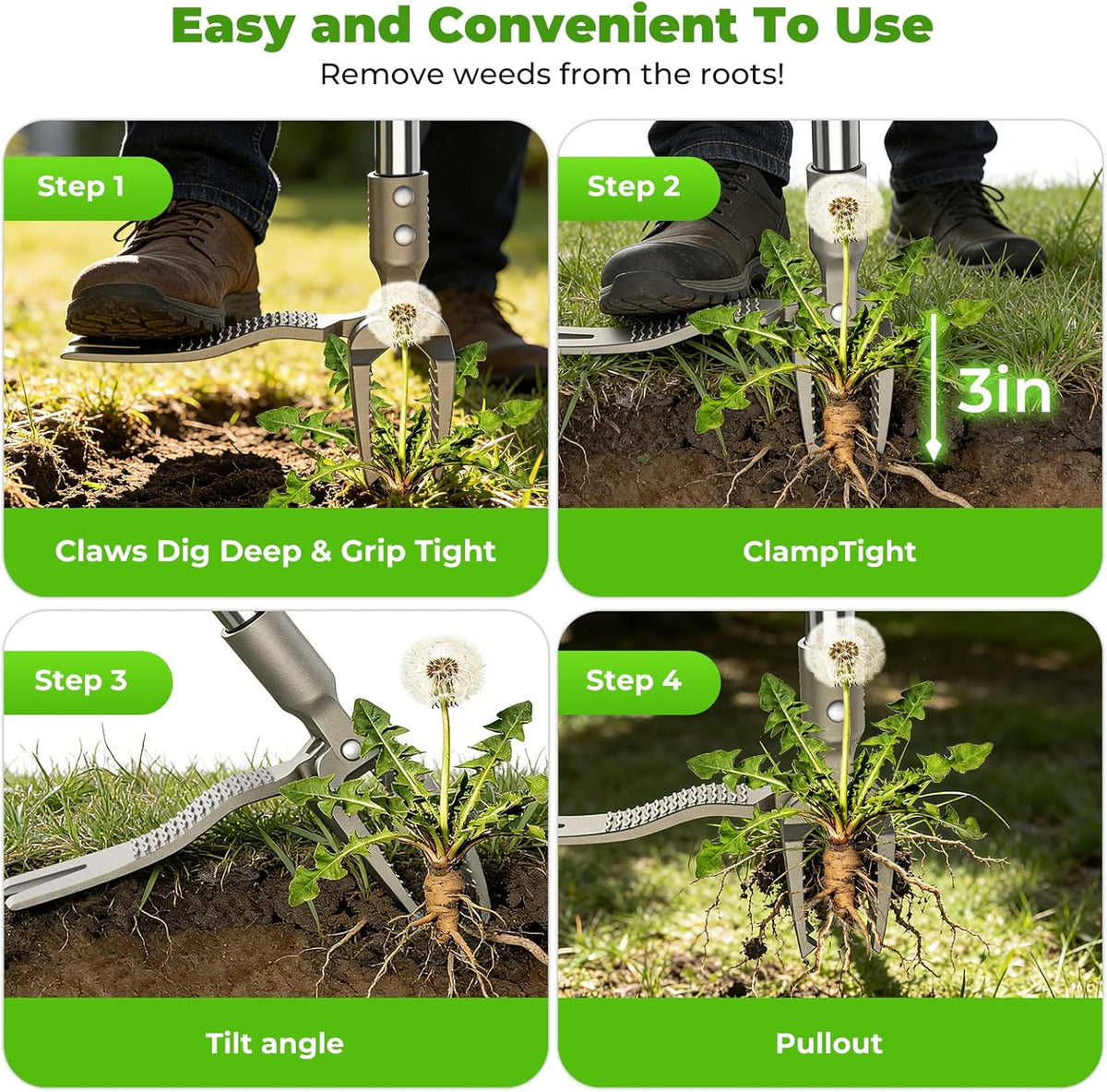 One-Piece Stand Up Weed Puller Tool with Long Handle, 47" Assembleless Stainless Steel Garden Weeder Dandelion Root Removal Without Kneeling