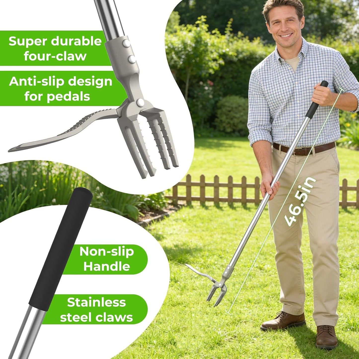 One-Piece Stand Up Weed Puller Tool with Long Handle, 47" Assembleless Stainless Steel Garden Weeder Dandelion Root Removal Without Kneeling