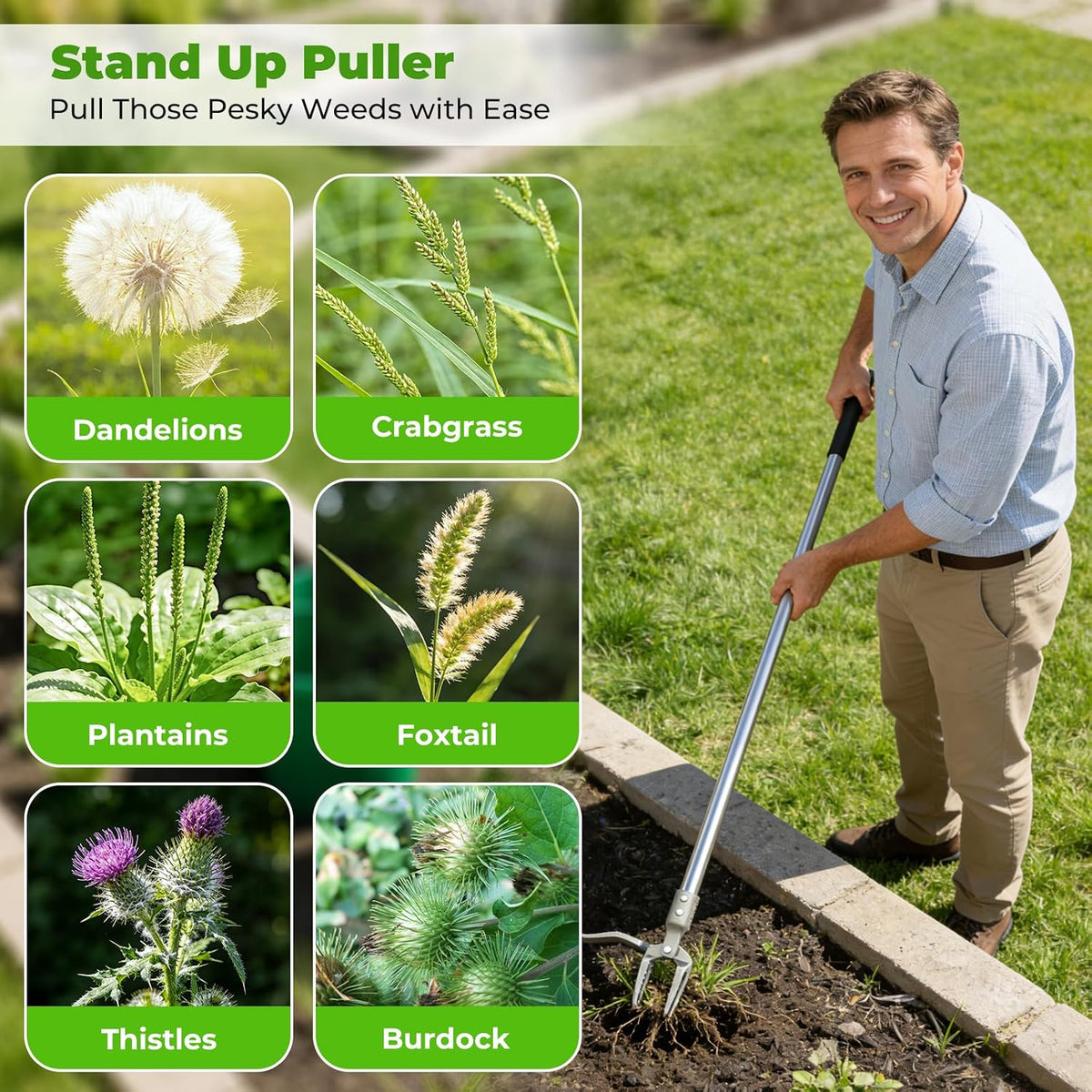 One-Piece Stand Up Weed Puller Tool with Long Handle, 47" Assembleless Stainless Steel Garden Weeder Dandelion Root Removal Without Kneeling
