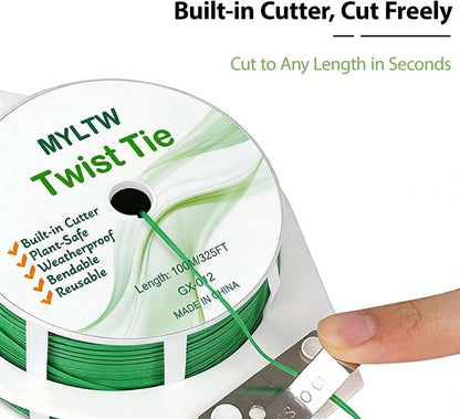 100m Garden Cable Ties & Cutters, Reusable Green Wire Twist Ties for Climbing Plants & Home Organization