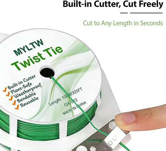 100m Garden Cable Ties & Cutters, Reusable Green Wire Twist Ties for Climbing Plants & Home Organization