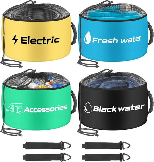 RV Storage Bags 4 Pack, Waterproof RV Sewer Hose Storage, RV Utility Bag Organizer, RV Hose Storage Bag for Power Cords, Fresh/Black Water Hoses and RV Accessories (Drawstring)