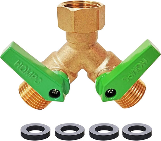 Garden Hose Y Valve Splitter With Metal Long Handle Brass Hose Splitter Big Water Flow Hole- Spigot Splitter 2 way 3/4" GHT Thread