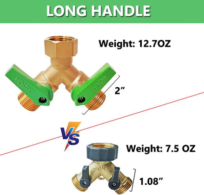 Garden Hose Y Valve Splitter With Metal Long Handle Brass Hose Splitter Big Water Flow Hole- Spigot Splitter 2 way 3/4" GHT Thread