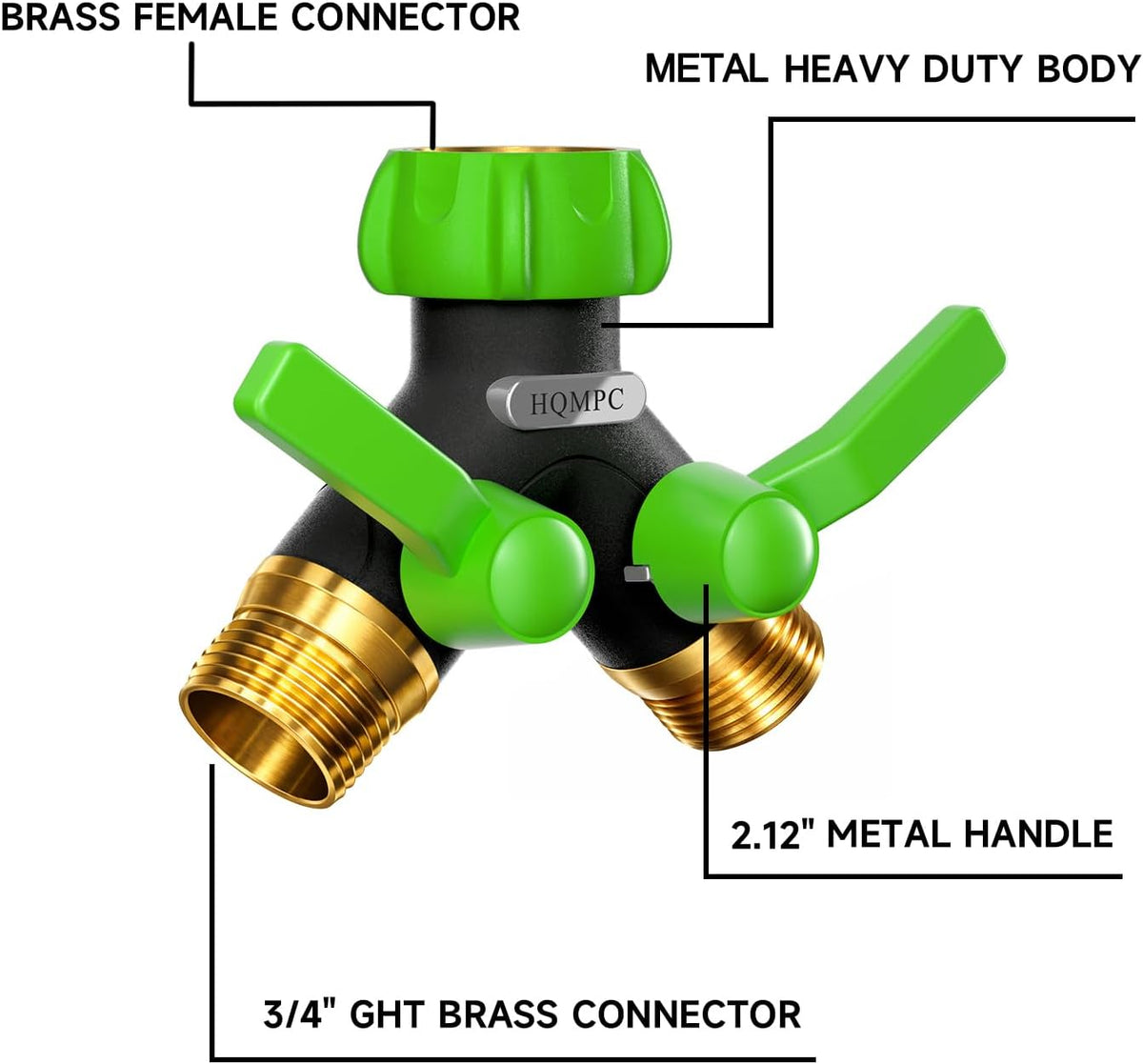 Garden Hose Y Valve Splitter With Metal Long Handle Brass Hose Splitter Big Water Flow Hole- Spigot Splitter 2 way 3/4" GHT Thread