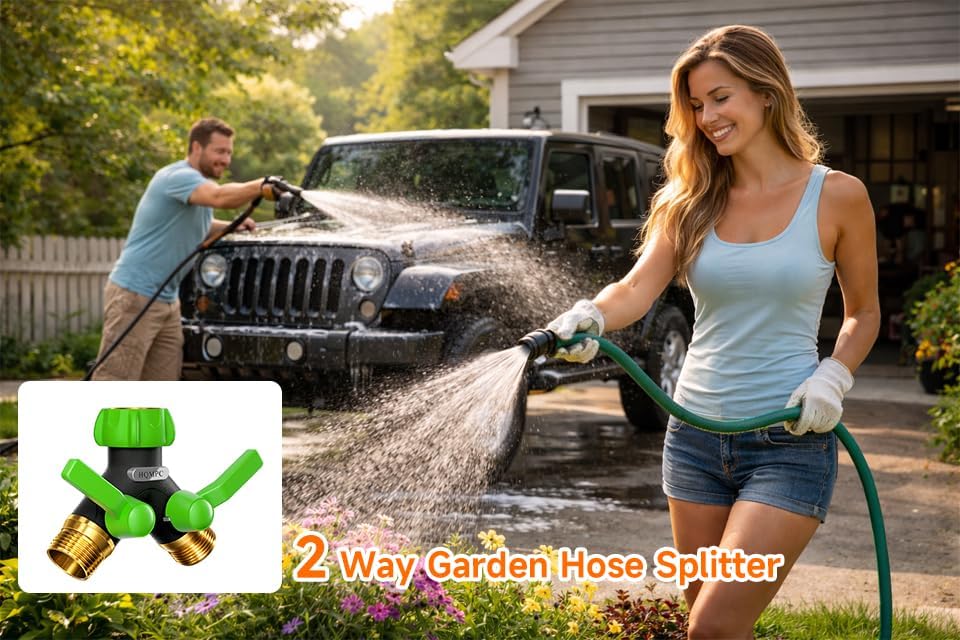 Garden Hose Y Valve Splitter With Metal Long Handle Brass Hose Splitter Big Water Flow Hole- Spigot Splitter 2 way 3/4" GHT Thread
