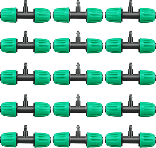 Drip Irrigation Fittings, 15 Pcs Lock Barbed Tee for 1/2 to 1/4 Inch Vinyl Tubing, Drip Line Parts 3-Way Tees Irrigation Connectors for Drip Sprinkler Garden Lawn Systems, Green