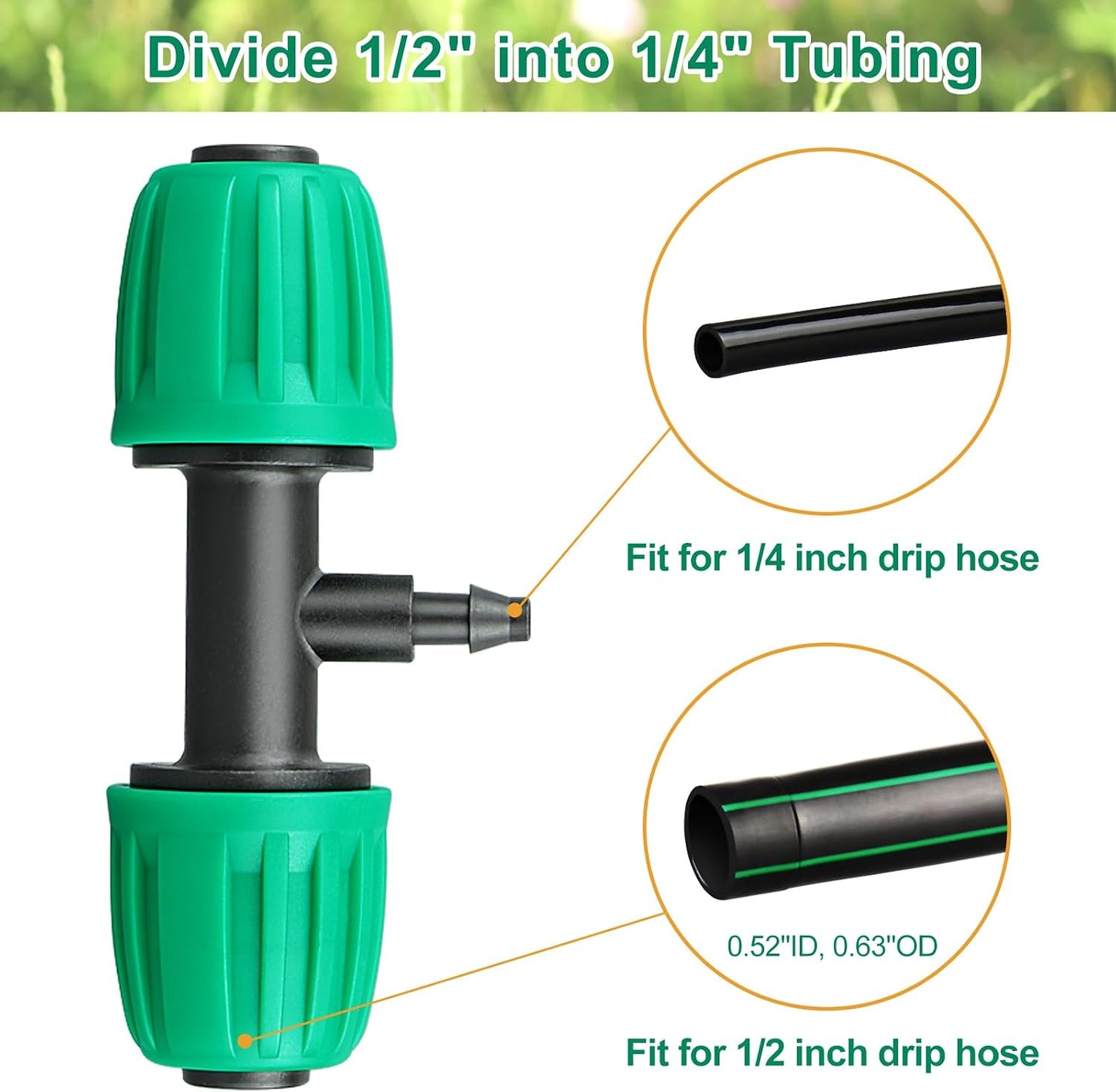 Drip Irrigation Fittings, 15 Pcs Lock Barbed Tee for 1/2 to 1/4 Inch Vinyl Tubing, Drip Line Parts 3-Way Tees Irrigation Connectors for Drip Sprinkler Garden Lawn Systems, Green