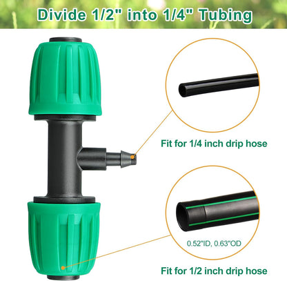 Drip Irrigation Fittings, 15 Pcs Lock Barbed Tee for 1/2 to 1/4 Inch Vinyl Tubing, Drip Line Parts 3-Way Tees Irrigation Connectors for Drip Sprinkler Garden Lawn Systems, Green