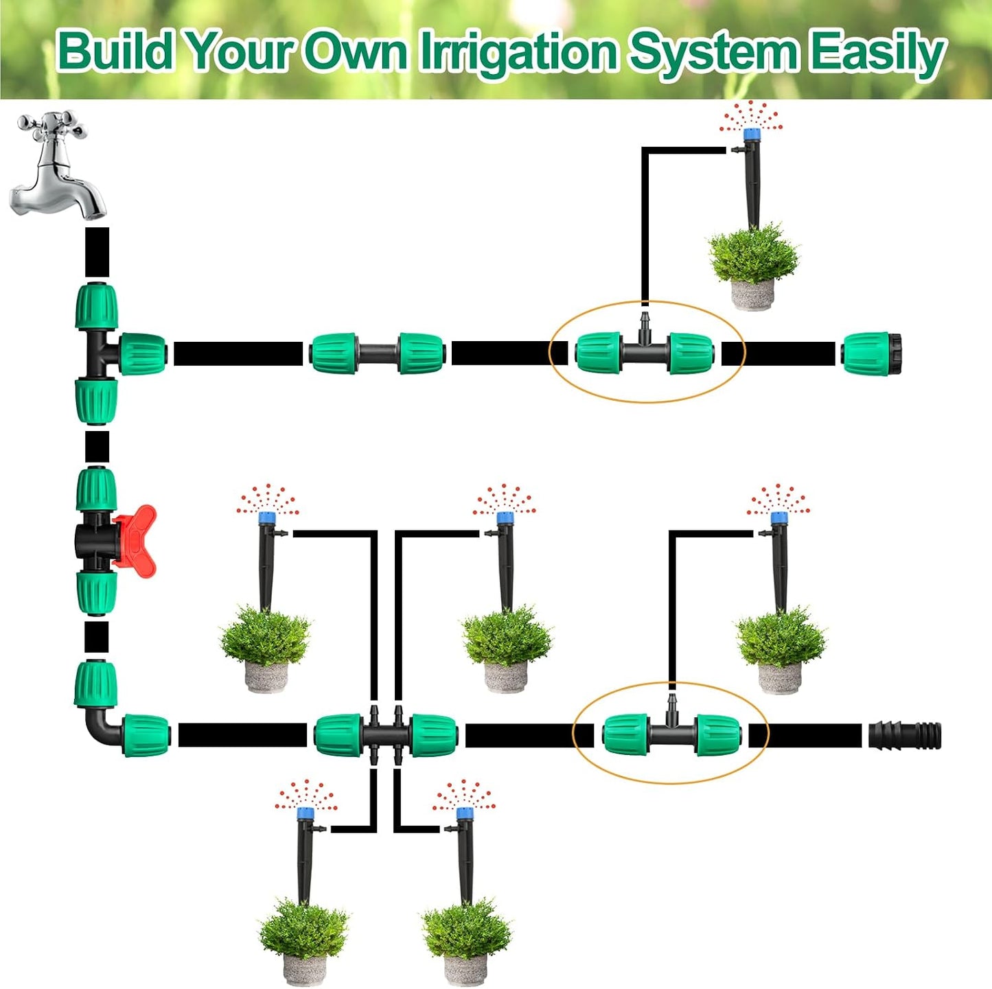 Drip Irrigation Fittings, 15 Pcs Lock Barbed Tee for 1/2 to 1/4 Inch Vinyl Tubing, Drip Line Parts 3-Way Tees Irrigation Connectors for Drip Sprinkler Garden Lawn Systems, Green
