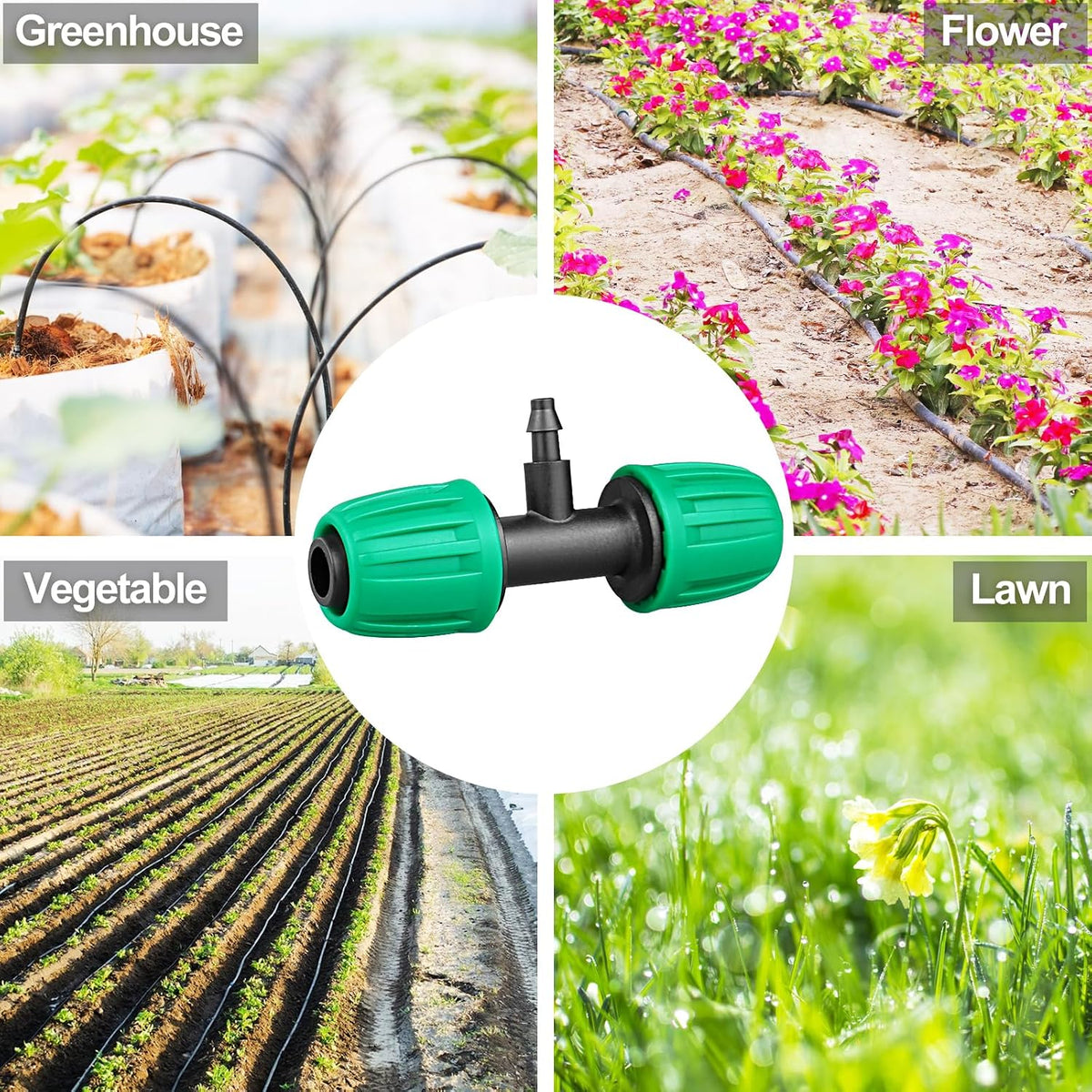 Drip Irrigation Fittings, 15 Pcs Lock Barbed Tee for 1/2 to 1/4 Inch Vinyl Tubing, Drip Line Parts 3-Way Tees Irrigation Connectors for Drip Sprinkler Garden Lawn Systems, Green
