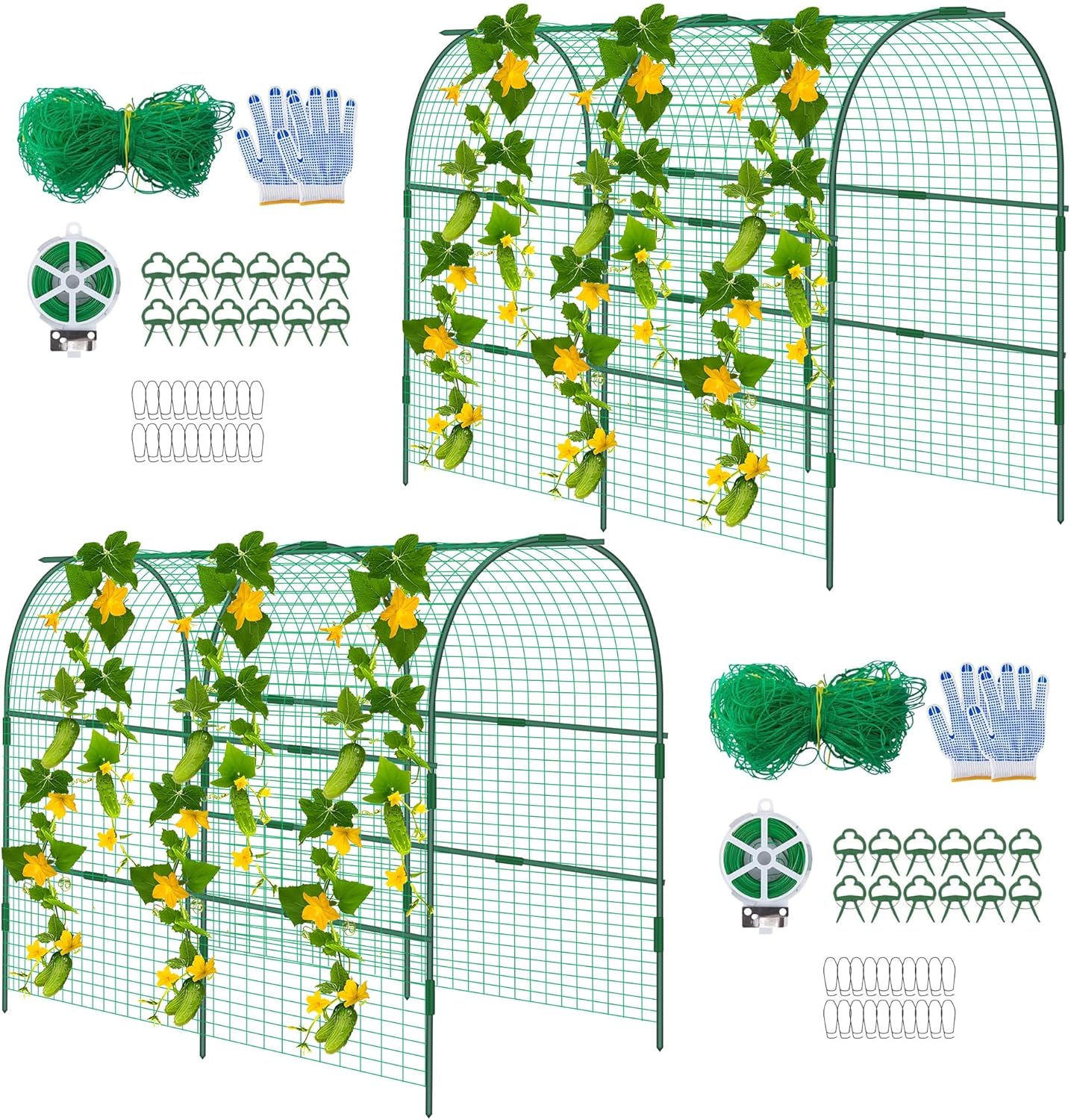2 Packs Garden Cucumber Trellis for Plant- 47 x 47 Inch Metal Arch Melon Trellis for Raised Bed- Foldable Tunnel Trellis with Climbing Net Clips for Growing Vine Vegetable