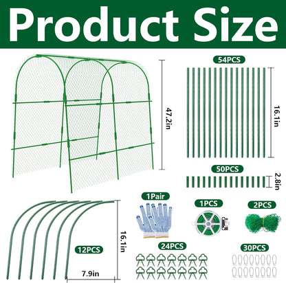 2 Packs Garden Cucumber Trellis for Plant- 47 x 47 Inch Metal Arch Melon Trellis for Raised Bed- Foldable Tunnel Trellis with Climbing Net Clips for Growing Vine Vegetable