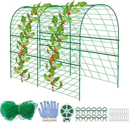 2 Packs Garden Cucumber Trellis for Plant- 47 x 47 Inch Metal Arch Melon Trellis for Raised Bed- Foldable Tunnel Trellis with Climbing Net Clips for Growing Vine Vegetable