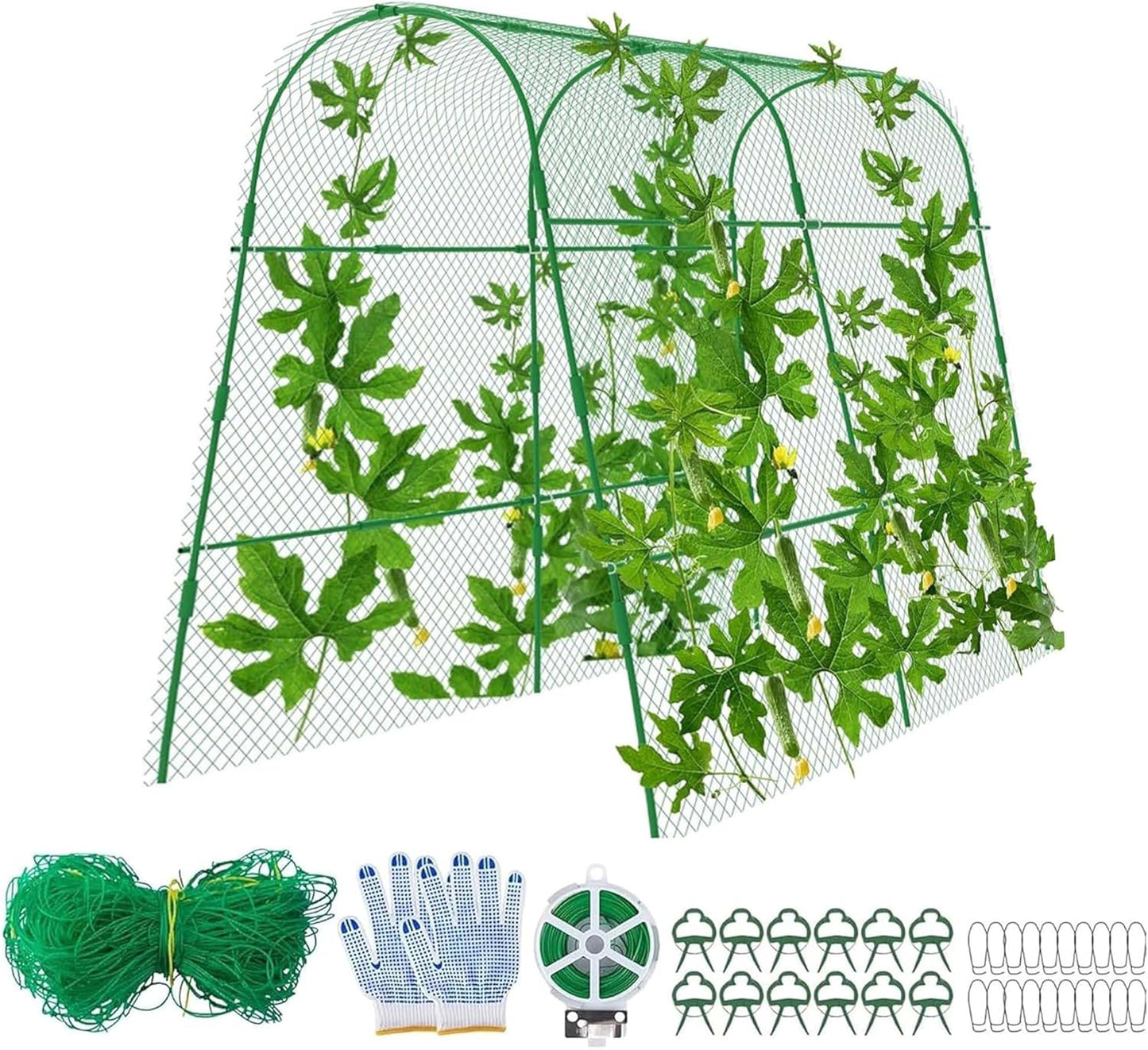2 Packs Garden Cucumber Trellis for Plant- 47 x 47 Inch Metal Arch Melon Trellis for Raised Bed- Foldable Tunnel Trellis with Climbing Net Clips for Growing Vine Vegetable