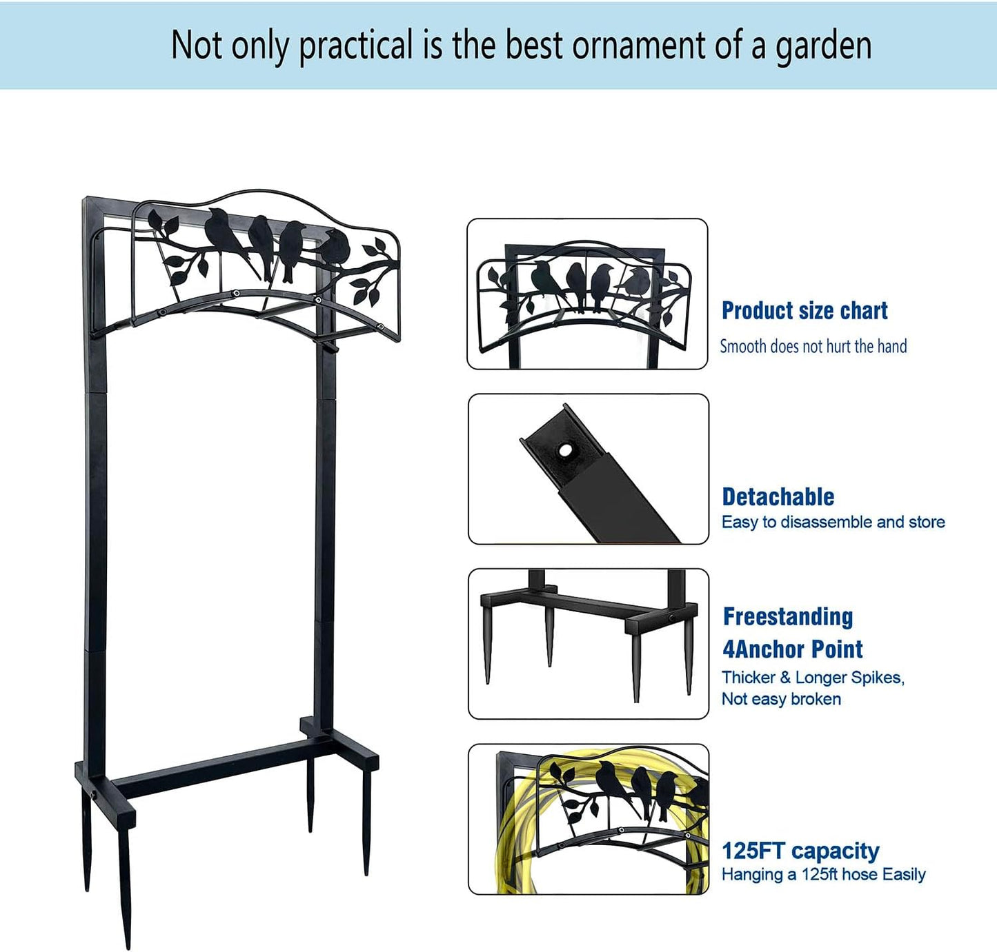 Garden Hose Holder Freestanding with 4 Spikes, Detachable Heavy Duty Water Hose Holders Stand, Reinforced Garden Hose Storage Rack for Lawn & Yard