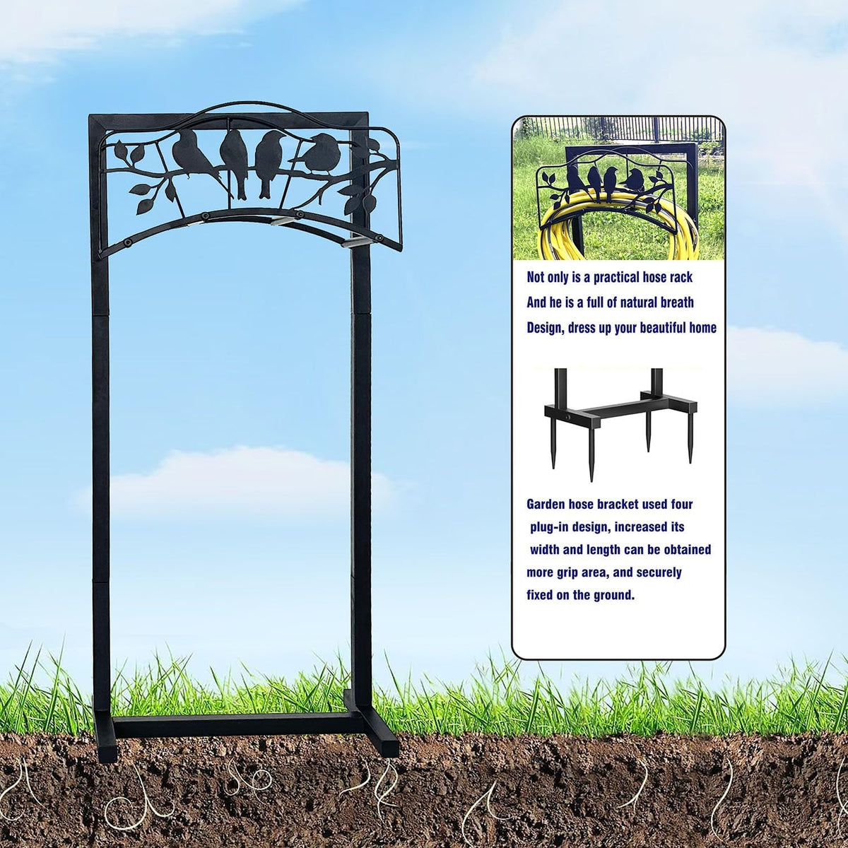Garden Hose Holder Freestanding with 4 Spikes, Detachable Heavy Duty Water Hose Holders Stand, Reinforced Garden Hose Storage Rack for Lawn & Yard