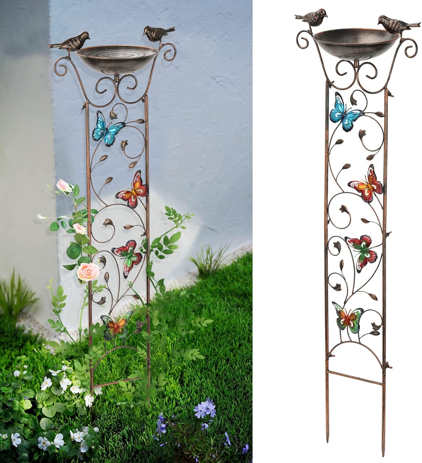 43.5 Inch Metal Bird Bath Bowl with Garden Trellis Outdoor