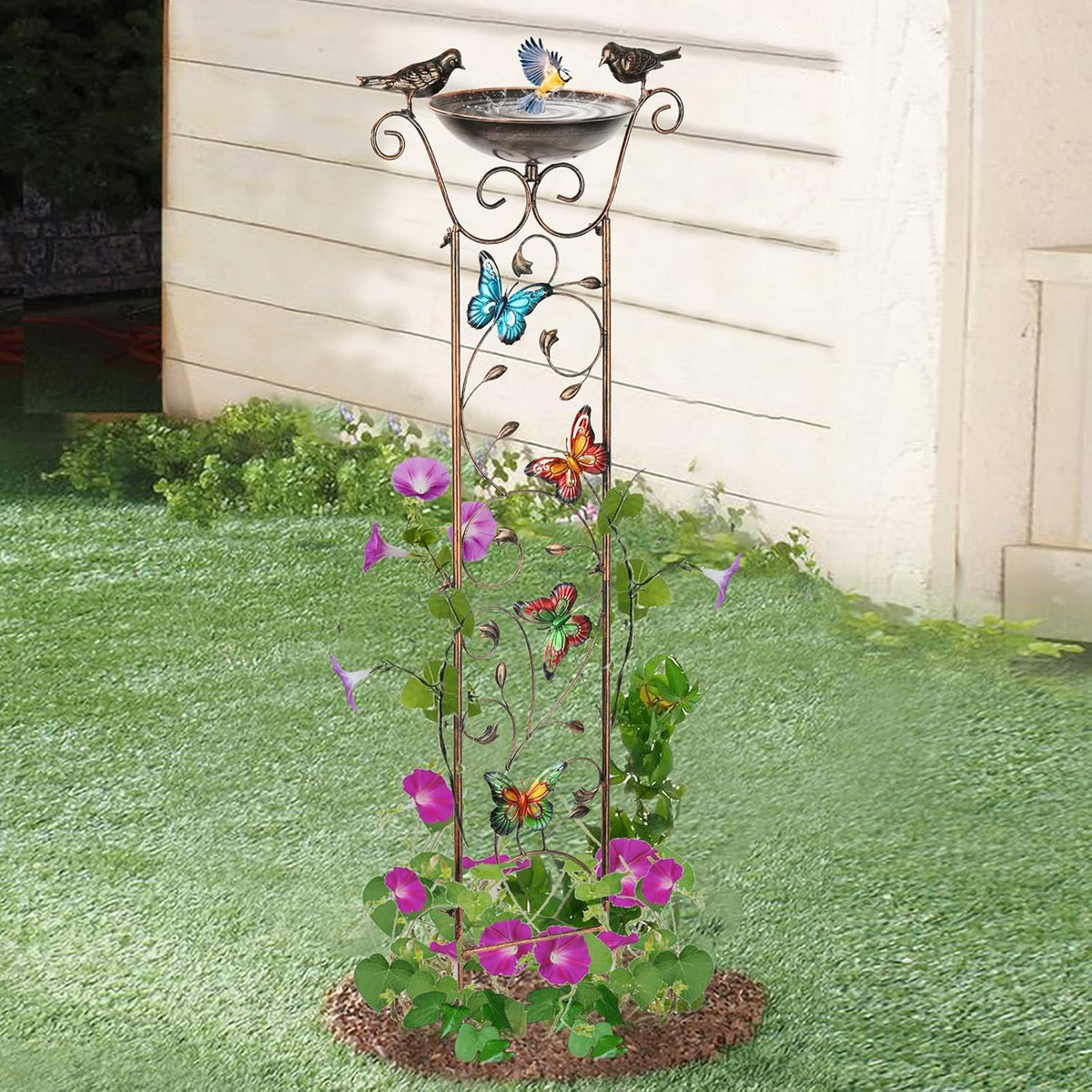 43.5 Inch Metal Bird Bath Bowl with Garden Trellis Outdoor