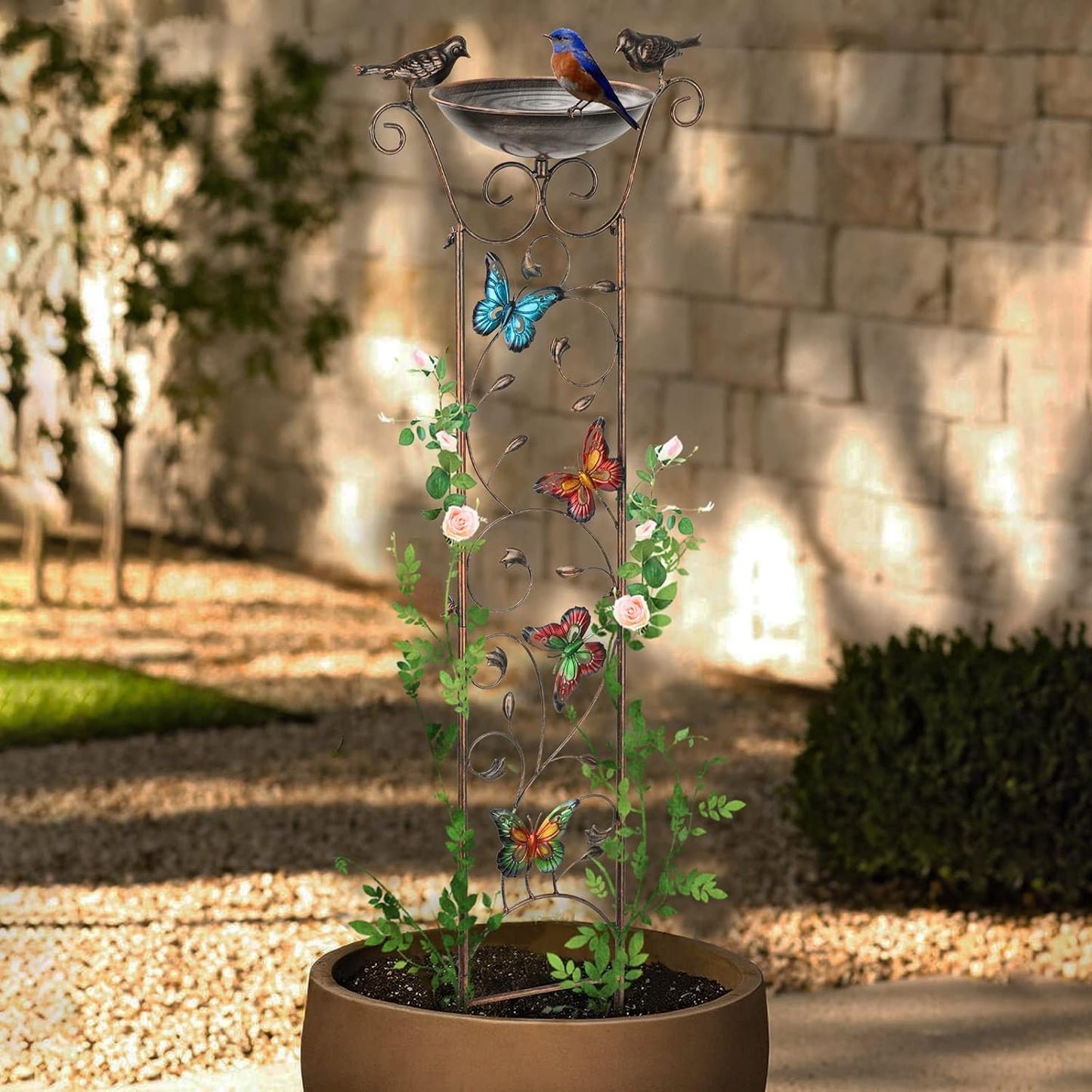 43.5 Inch Metal Bird Bath Bowl with Garden Trellis Outdoor