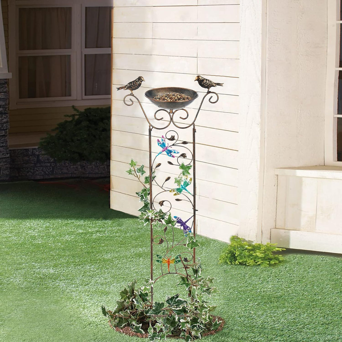 43.5 Inch Metal Bird Bath Bowl with Garden Trellis Outdoor