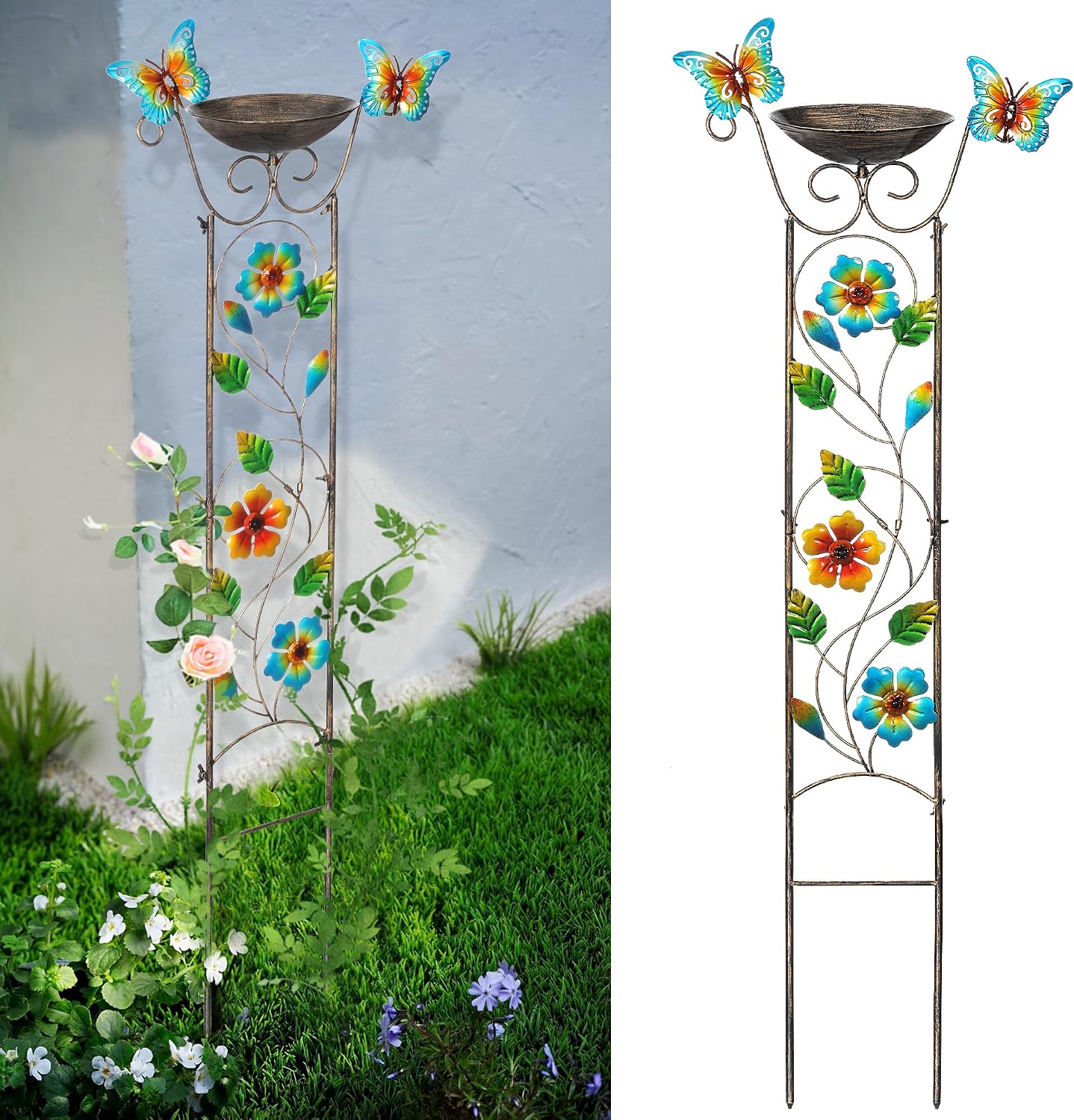43.5 Inch Metal Bird Bath Bowl with Garden Trellis Outdoor