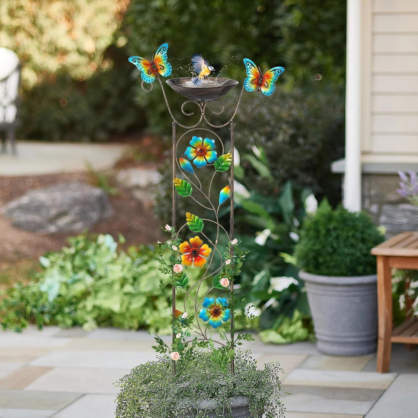 43.5 Inch Metal Bird Bath Bowl with Garden Trellis Outdoor