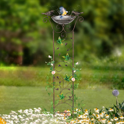 43.5 Inch Metal Bird Bath Bowl with Garden Trellis Outdoor