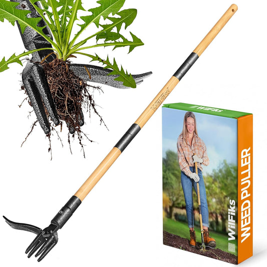 Weed Puller Tool, Stand Up Heavy Duty Weed Remover Tool with Long Handle, Foot Platform Design - 4 Claw Steel Head Weeder Tool, Bamboo Garden Hand Weeding Tool