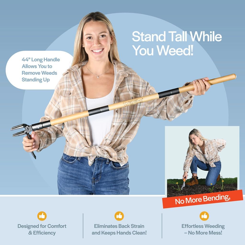 Weed Puller Tool, Stand Up Heavy Duty Weed Remover Tool with Long Handle, Foot Platform Design - 4 Claw Steel Head Weeder Tool, Bamboo Garden Hand Weeding Tool