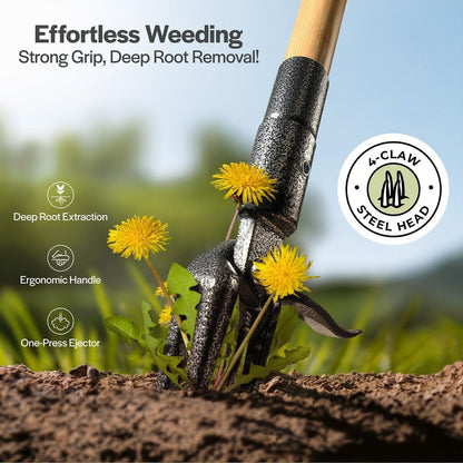Weed Puller Tool, Stand Up Heavy Duty Weed Remover Tool with Long Handle, Foot Platform Design - 4 Claw Steel Head Weeder Tool, Bamboo Garden Hand Weeding Tool