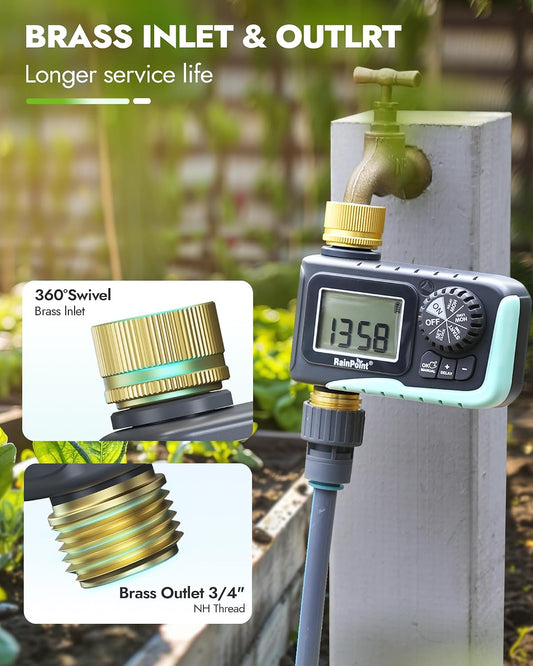 Sprinkler Timer with Brass Inlet & Outlet, Programmable Hose Timer for Garden Soaker Hose, Watering Timer with Rain Delay/Manual Watering System, Digital Drip Irrigation for Yard, Lawn