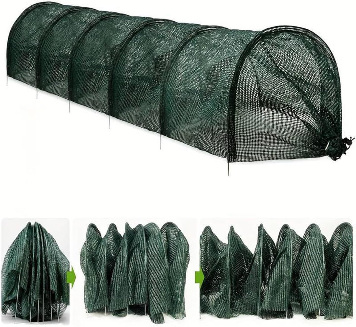 Garden Tunnel Shade Net Cover Greenhouse Protection from Sun and Heat Cloche Hoops Tunnel Plant Row Cover, Green