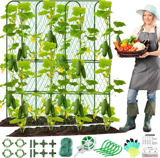 Cucumber Trellis for Raised Bed, Tall Metal Garden Trellis for Climbing Plants Outdoor with Netting, Gloves, Garden Tools, Trellis for Vegetables Plant Support Peas Fruit Flower Grape
