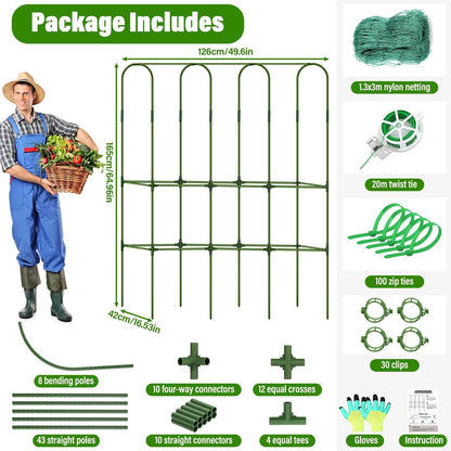 Cucumber Trellis for Raised Bed, Tall Metal Garden Trellis for Climbing Plants Outdoor with Netting, Gloves, Garden Tools, Trellis for Vegetables Plant Support Peas Fruit Flower Grape