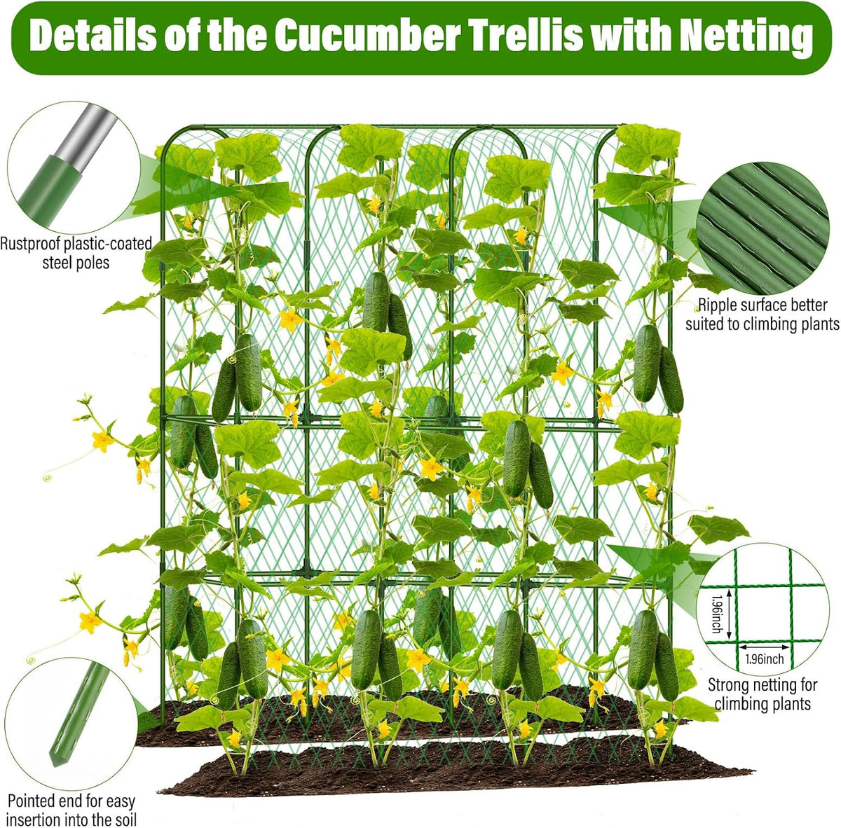 Cucumber Trellis for Raised Bed, Tall Metal Garden Trellis for Climbing Plants Outdoor with Netting, Gloves, Garden Tools, Trellis for Vegetables Plant Support Peas Fruit Flower Grape