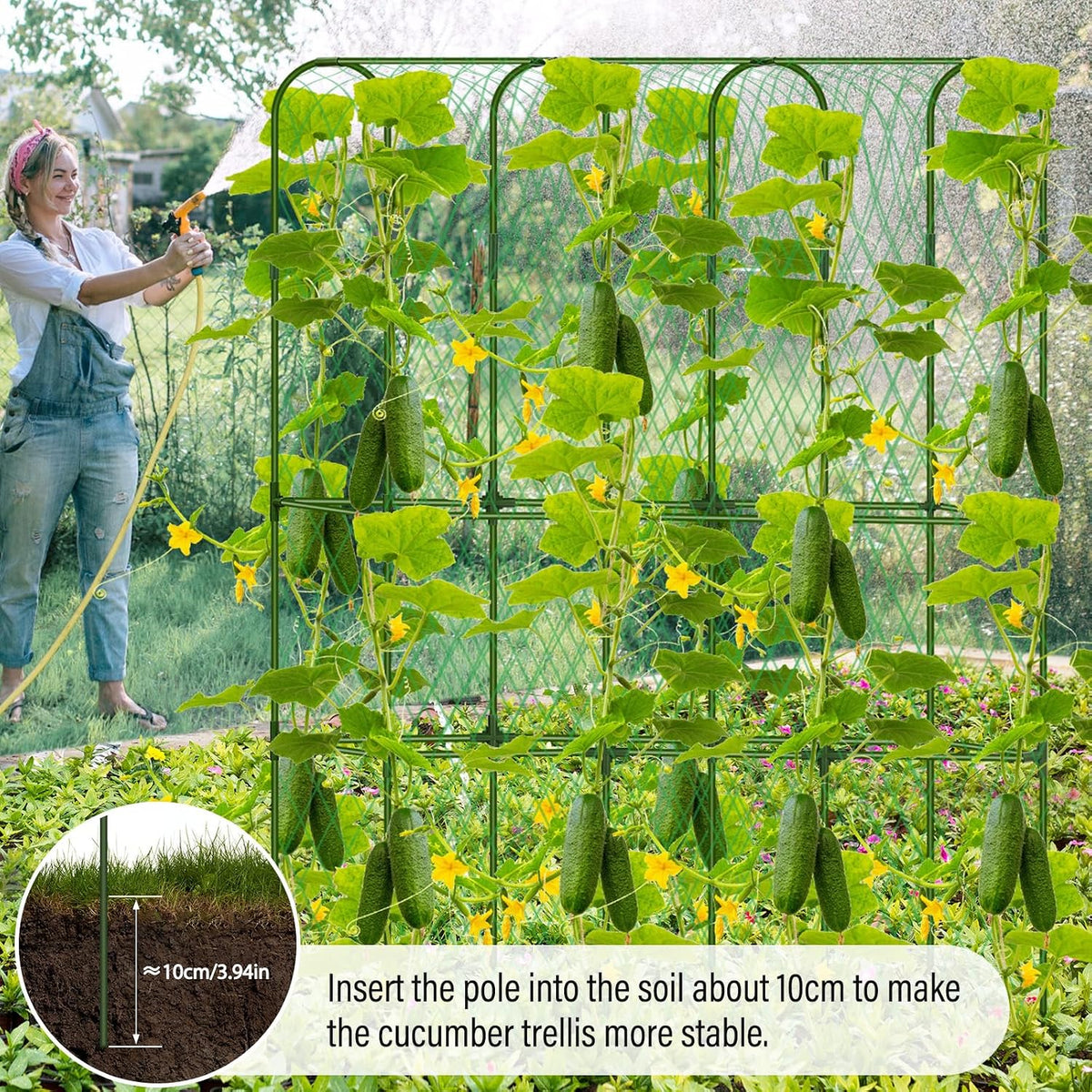 Cucumber Trellis for Raised Bed, Tall Metal Garden Trellis for Climbing Plants Outdoor with Netting, Gloves, Garden Tools, Trellis for Vegetables Plant Support Peas Fruit Flower Grape